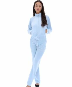 JUICY COUTURE COOL BLUE VELOUR SCRIPT DIAMANTE ZIP UP TRACK TOP