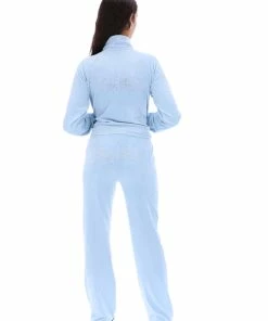 JUICY COUTURE TRACKSUITS COOL BLUE VELOUR SCRIPT DIAMANTE TRACKSUIT BOTTOM