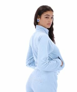JUICY COUTURE COOL BLUE VELOUR SCRIPT DIAMANTE ZIP UP TRACK TOP