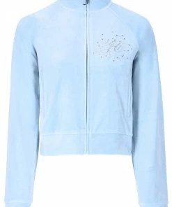 JUICY COUTURE COOL BLUE VELOUR SCRIPT DIAMANTE ZIP UP TRACK TOP