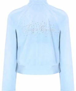 JUICY COUTURE COOL BLUE VELOUR SCRIPT DIAMANTE ZIP UP TRACK TOP