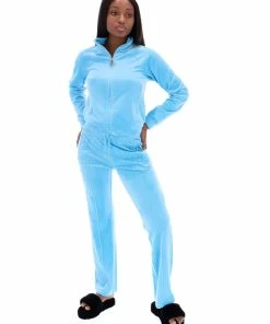 JUICY COUTURE SPRING SUMMER '22 COLLECTION AQUA VELOUR DIAMANTE TRACKSUIT BOTTOM