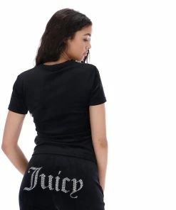 JUICY COUTURE TOPS BLACK VELOUR DIAMANTE FITTED TEE