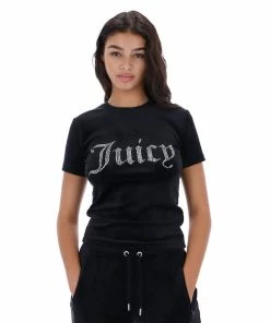 JUICY COUTURE TOPS BLACK VELOUR DIAMANTE FITTED TEE