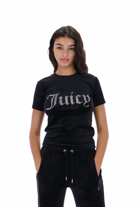 JUICY COUTURE TOPS BLACK VELOUR DIAMANTE FITTED TEE