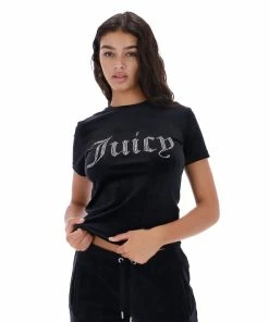JUICY COUTURE TOPS BLACK VELOUR DIAMANTE FITTED TEE