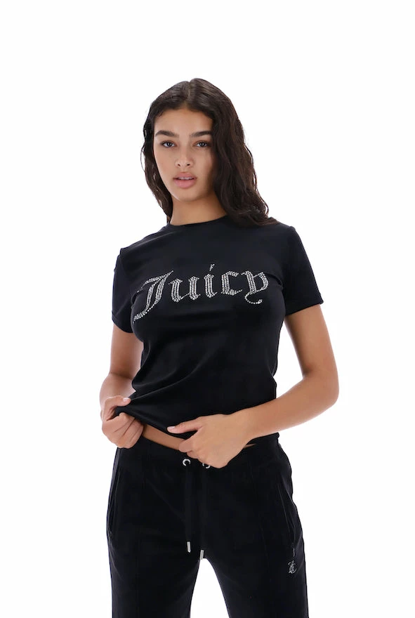 JUICY COUTURE TOPS BLACK VELOUR DIAMANTE FITTED TEE