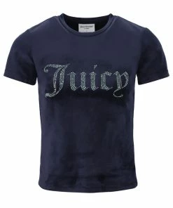 JUICY COUTURE TOPS NIGHT SKY BLUE VELOUR DIAMANTE FITTED TEE