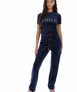 JUICY COUTURE TRACKSUITS NIGHT SKY BLUE VELOUR DIAMANTE TRACKSUIT BOTTOM