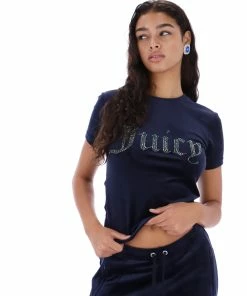 JUICY COUTURE TOPS NIGHT SKY BLUE VELOUR DIAMANTE FITTED TEE