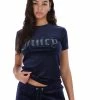 JUICY COUTURE TOPS NIGHT SKY BLUE VELOUR DIAMANTE FITTED TEE