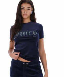 JUICY COUTURE TOPS NIGHT SKY BLUE VELOUR DIAMANTE FITTED TEE