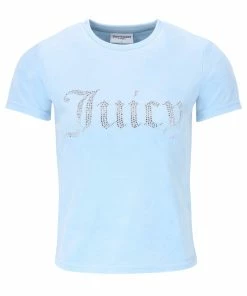JUICY COUTURE COOL BLUE VELOUR DIAMANTE FITTED TEE TOPS