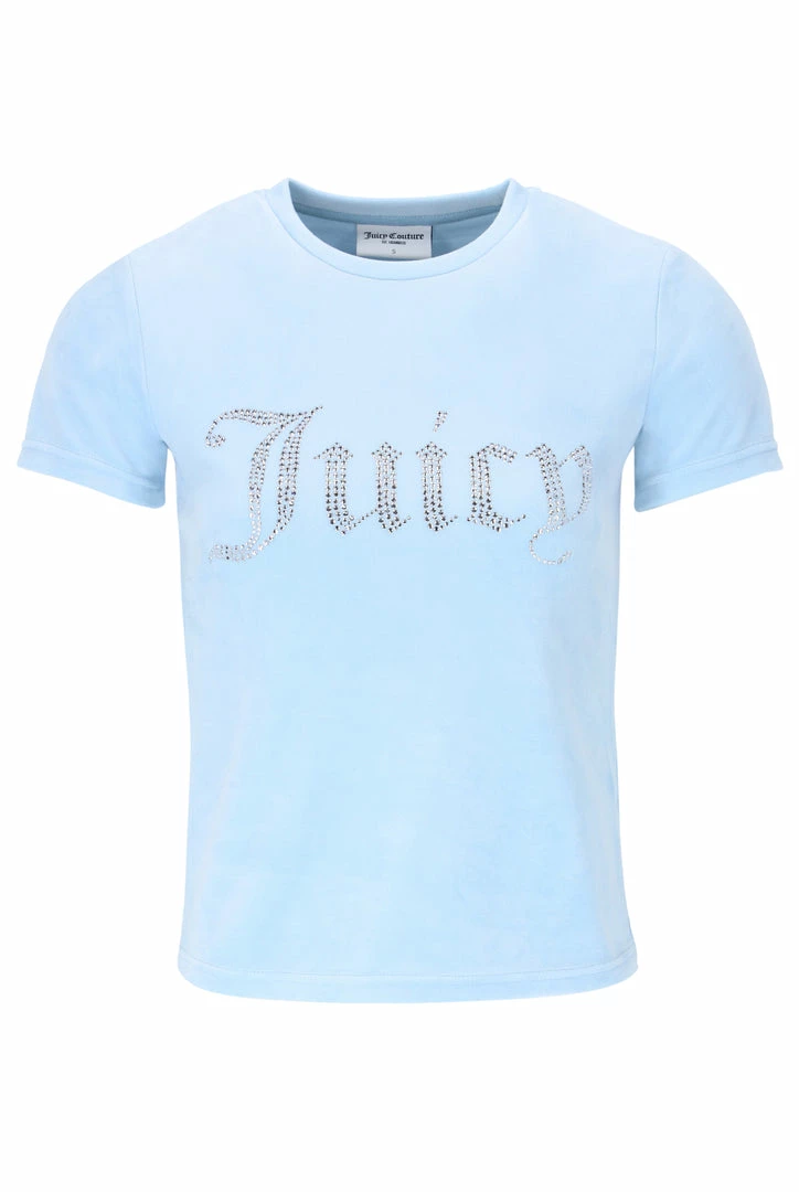 JUICY COUTURE COOL BLUE VELOUR DIAMANTE FITTED TEE TOPS