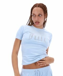 JUICY COUTURE COOL BLUE VELOUR DIAMANTE FITTED TEE TOPS