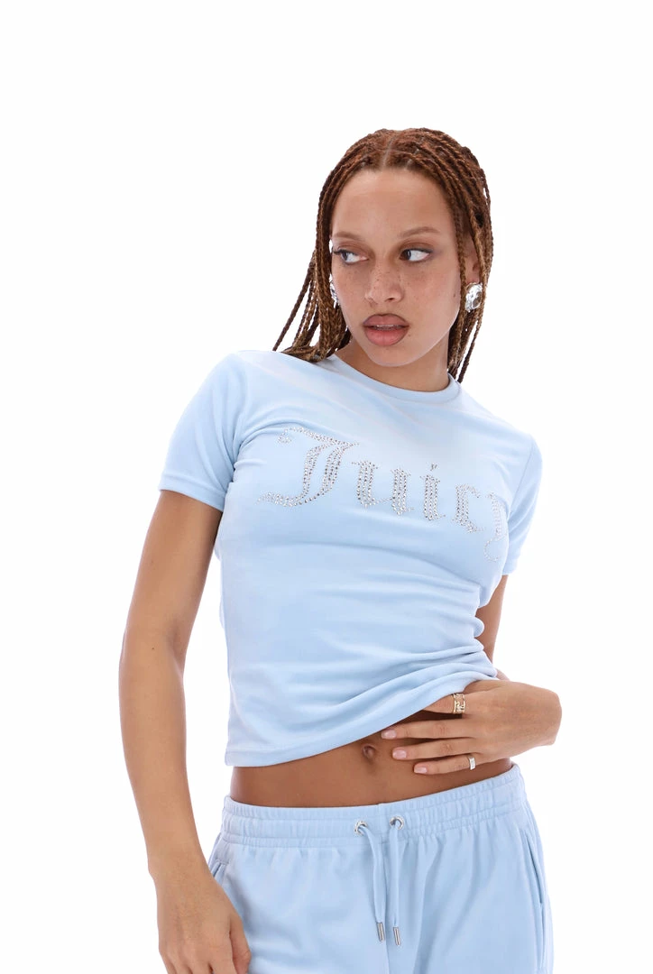 JUICY COUTURE COOL BLUE VELOUR DIAMANTE FITTED TEE TOPS