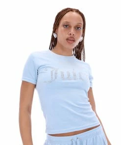 JUICY COUTURE COOL BLUE VELOUR DIAMANTE FITTED TEE TOPS
