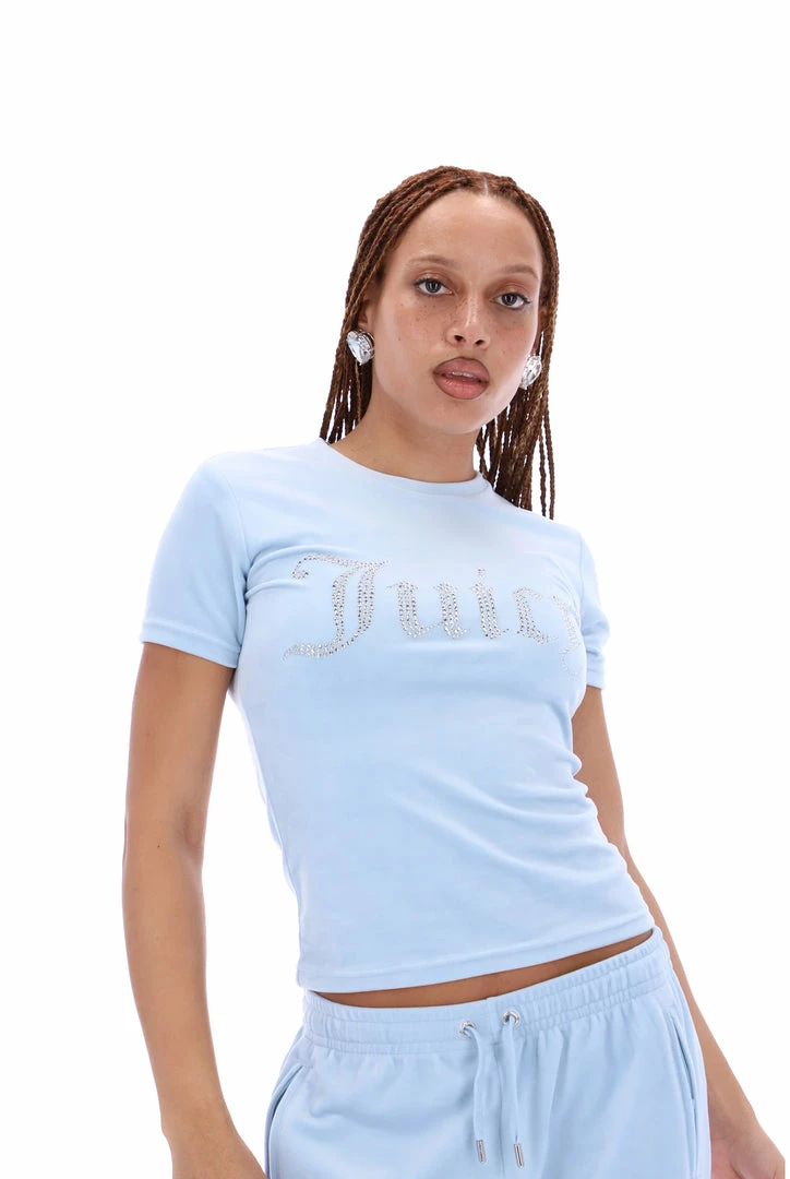 JUICY COUTURE COOL BLUE VELOUR DIAMANTE FITTED TEE TOPS