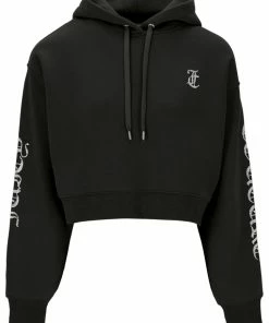 JUICY COUTURE BLACK CAPITAL DIAMANTE CROPPED HOODIE SPRING SUMMER'22 COLLECTION