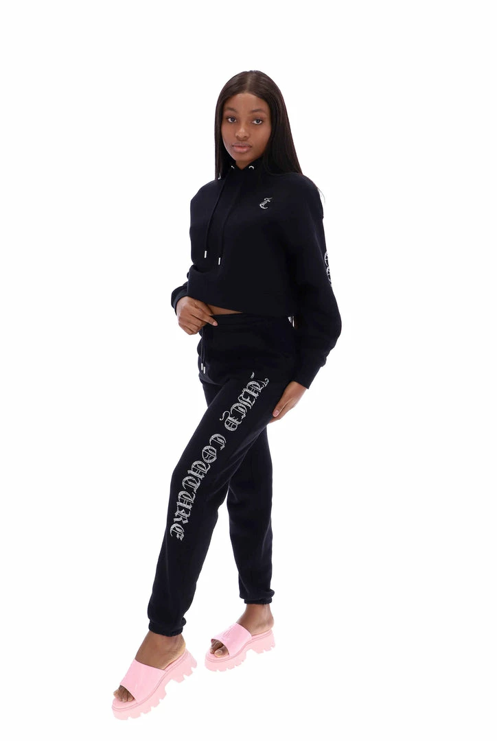 JUICY COUTURE SPRING SUMMER '22 COLLECTION BLACK CAPITAL DIAMANTE GRAPHIC JOGGERS