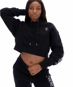 JUICY COUTURE BLACK CAPITAL DIAMANTE CROPPED HOODIE SPRING SUMMER '22 COLLECTION