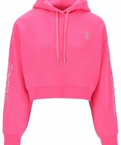 JUICY COUTURE FLURO PINK CAPITAL DIAMANTE CROPPED HOODIE SPRING SUMMER '22 COLLECTION