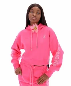 JUICY COUTURE FLURO PINK CAPITAL DIAMANTE CROPPED HOODIE SPRING SUMMER'22 COLLECTION