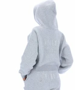 JUICY COUTURE SILVER MARL DIAMANTE BOYFRIEND CROPPED HOODIE TRACKSUITS