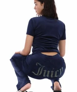 JUICY COUTURE TRACKSUITS NIGHT SKY BLUE VELOUR DIAMANTE TRACKSUIT BOTTOM