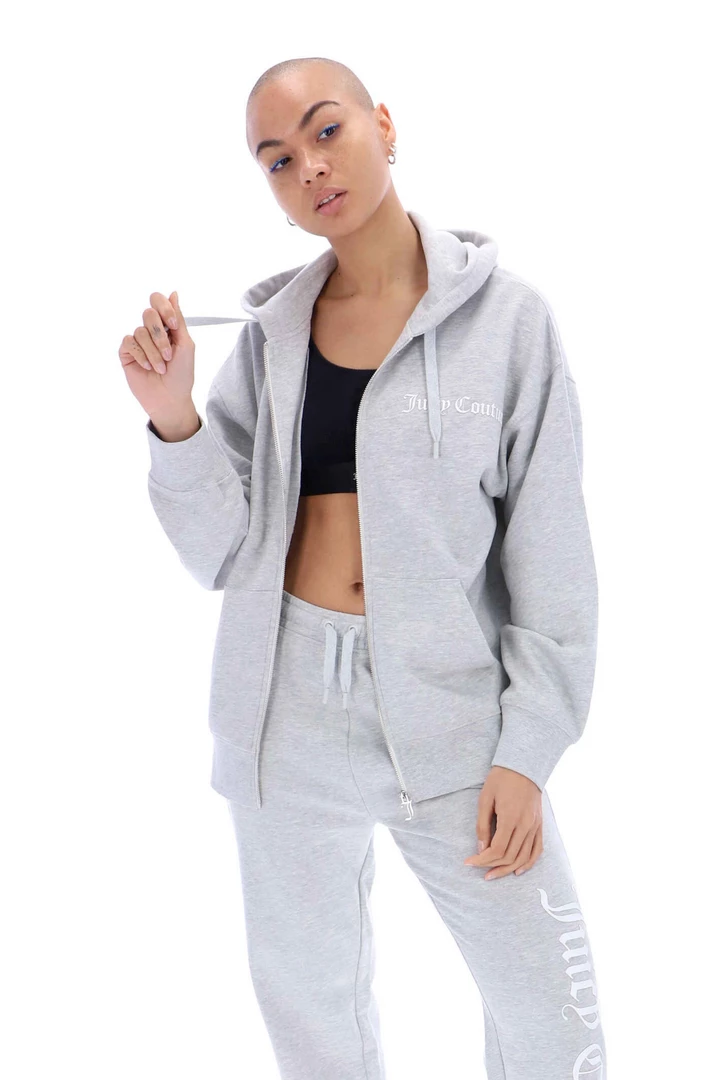 JUICY COUTURE SPRING SUMMER '22 COLLECTION SILVER MARL GRAPHIC FLEECE BOYFRIEND ZIP HOODIE