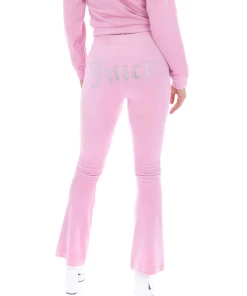 JUICY COUTURE SPRING SUMMER '22 COLLECTION PINK PETAL VELOUR DIAMANTE FLARED PANTS