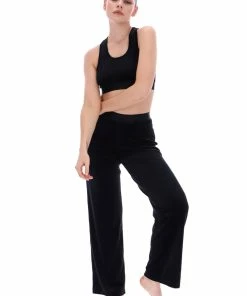 JUICY COUTURE BLACK RIBBED VELOUR WIDE LEG BOTTOMS