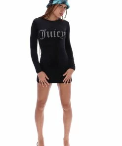 JUICY COUTURE DRESSES BLACK FITTED VELOUR LONG SLEEVED DRESS
