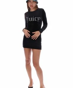 JUICY COUTURE DRESSES BLACK FITTED VELOUR LONG SLEEVED DRESS
