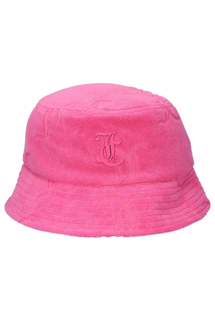 JUICY COUTURE FLURO PINK MONOGRAM TOWELLING BUCKET HAT SPRING SUMMER '22 COLLECTION