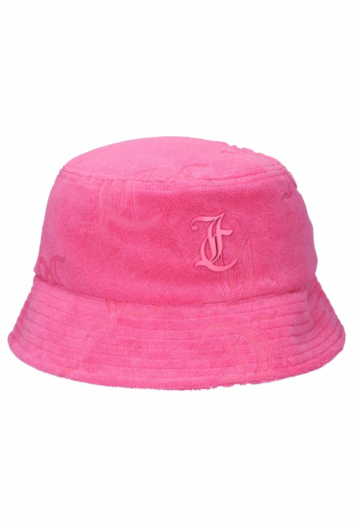JUICY COUTURE FLURO PINK MONOGRAM TOWELLING BUCKET HAT SPRING SUMMER '22 COLLECTION